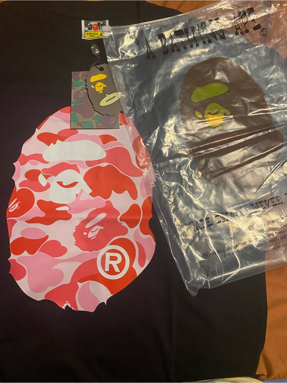 Bape Black Tee with Pink & Red Camo Ape Head Graphic